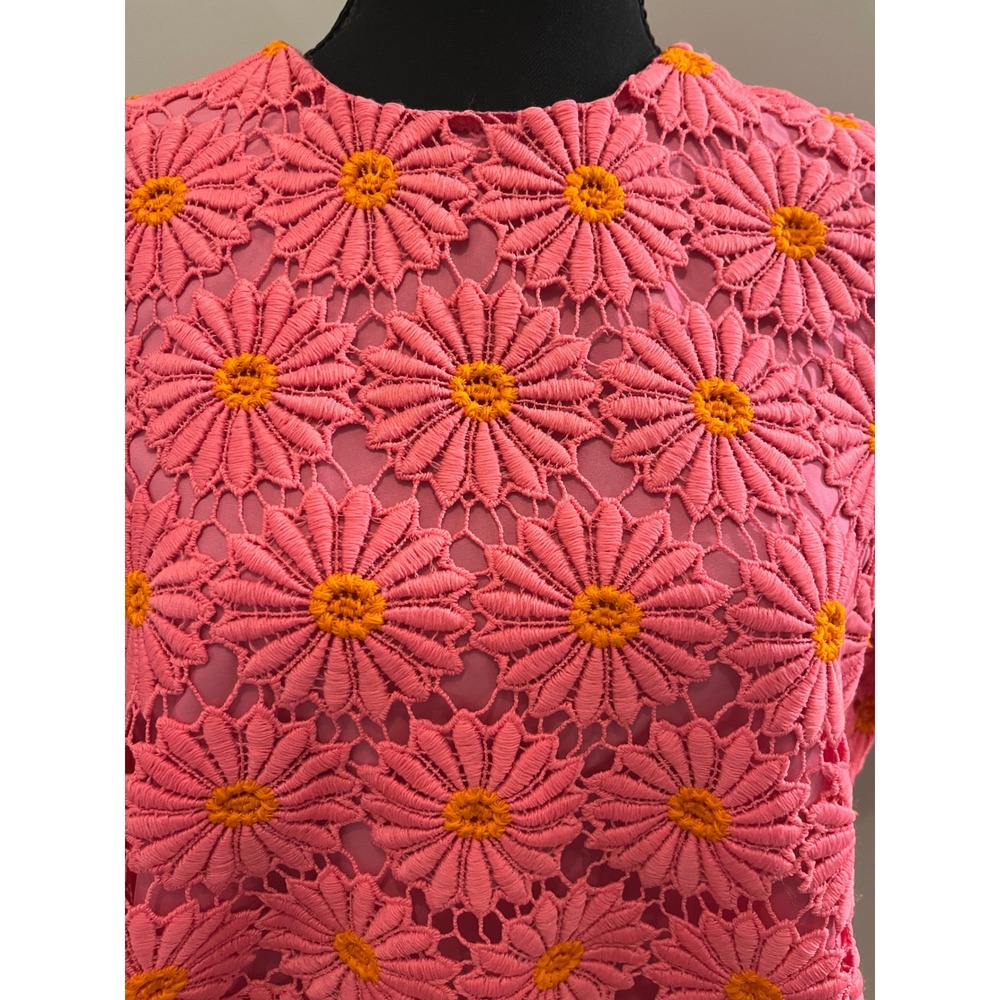 LoveWednesday Pink Daisy Lace Bow Back Top Short Sleeve Floral Blouse‎  L - Picture 8 of 10